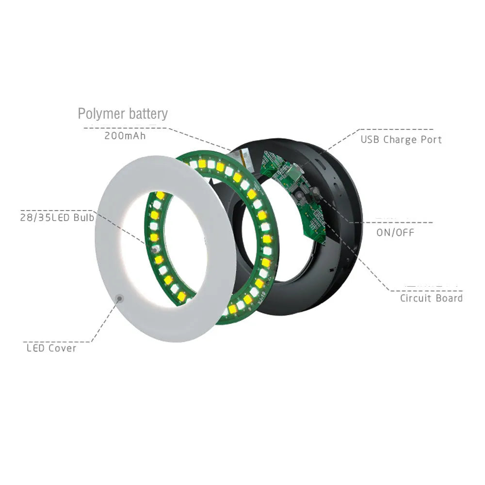 Black LED selfie ring light for mobile phones with USB cable for rechargeable photography lighting