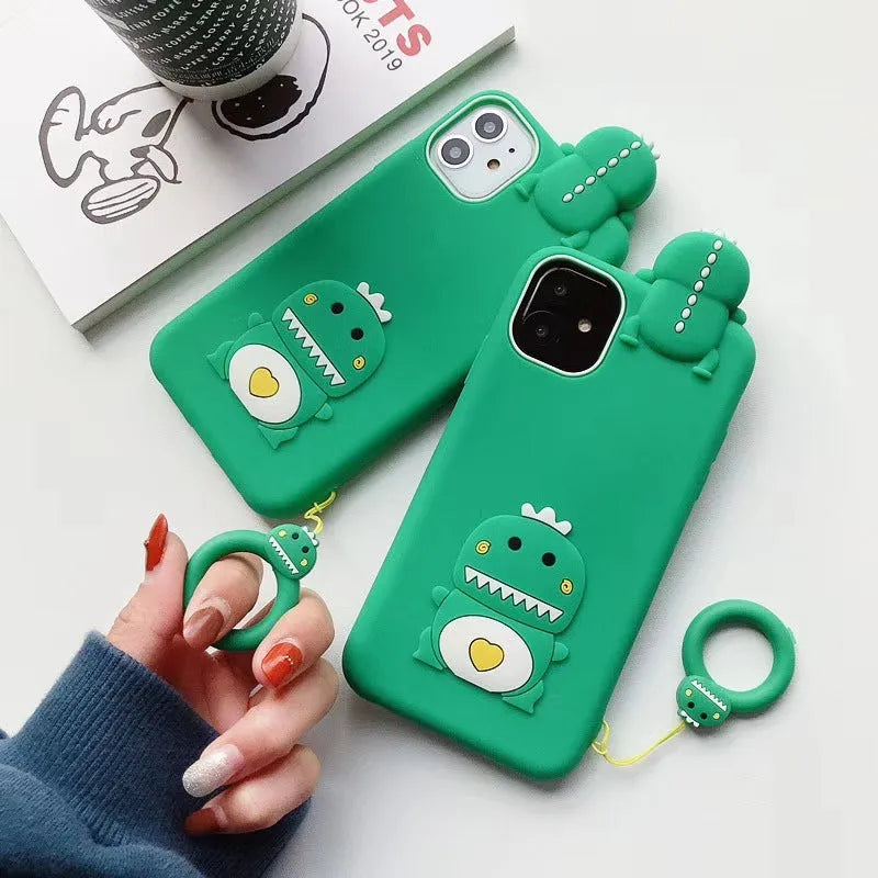 Green silicone phone case with cartoon animal design for Apple iPhone models