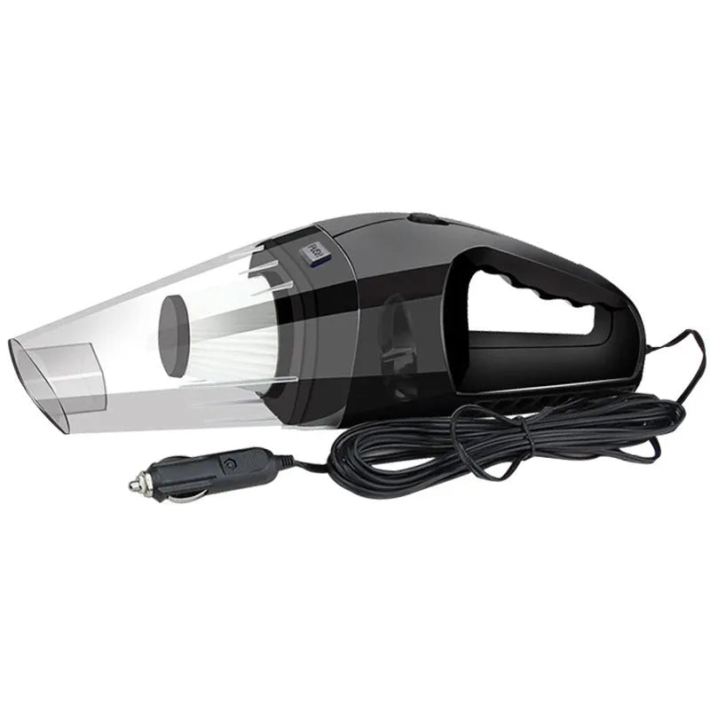 Compact orange handheld car vacuum cleaner with cable next to car seats