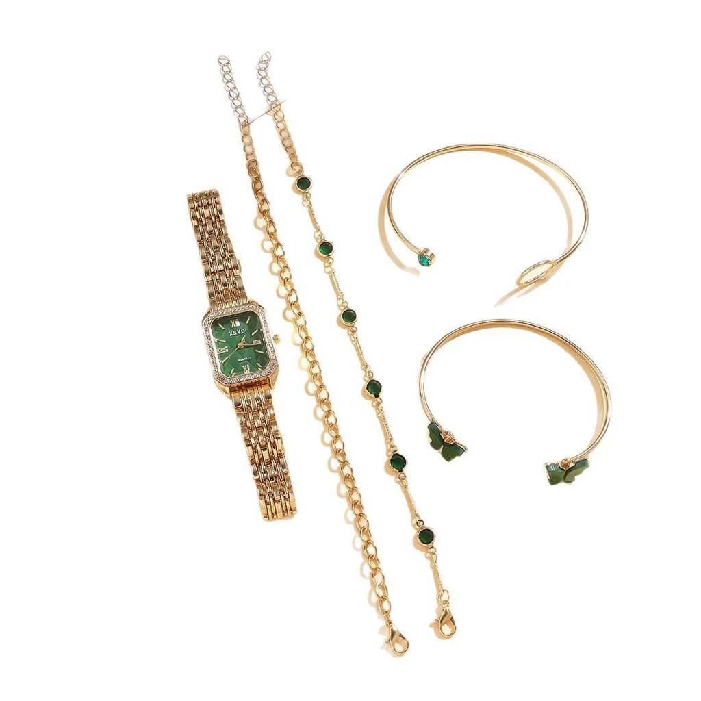 Gold green square watch with alloy case and four matching bracelets laid out showing jewellery buckle and spiral crown