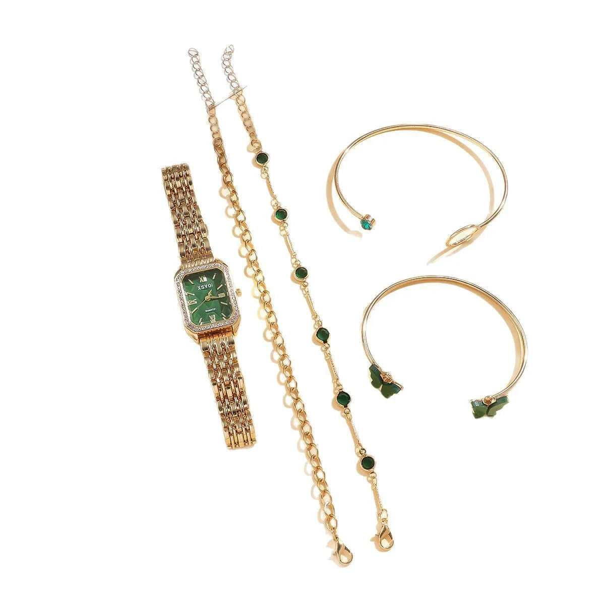 Gold green square watch with alloy case and four matching bracelets laid out showing jewellery buckle and spiral crown