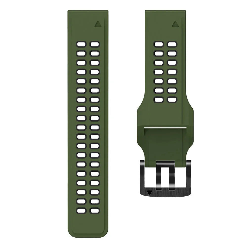 Quick release double-row hole silicone watch strap in Army Green Black colour, showing pin buckle and two width options: 22mm and 26mm.