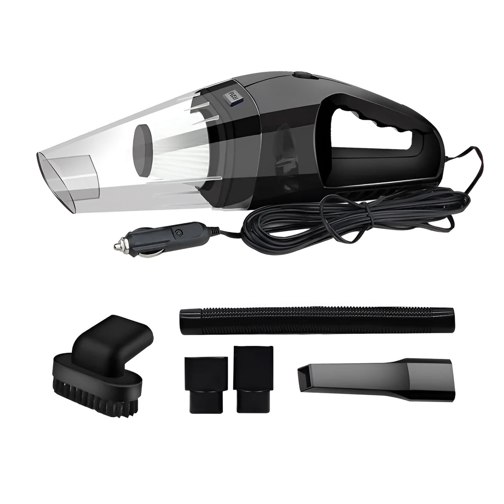 Compact orange handheld car vacuum cleaner with cable next to car seats