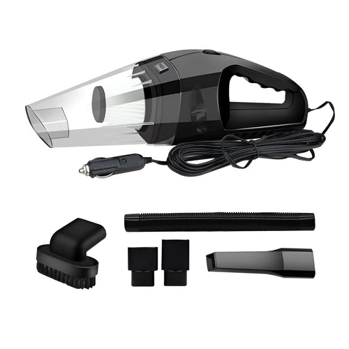 Compact orange handheld car vacuum cleaner with cable next to car seats
