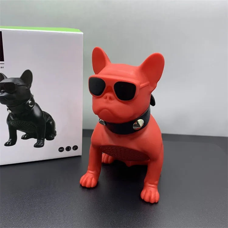Mini bulldog-shaped Bluetooth speaker in black, red, or white colour, showing compact design.