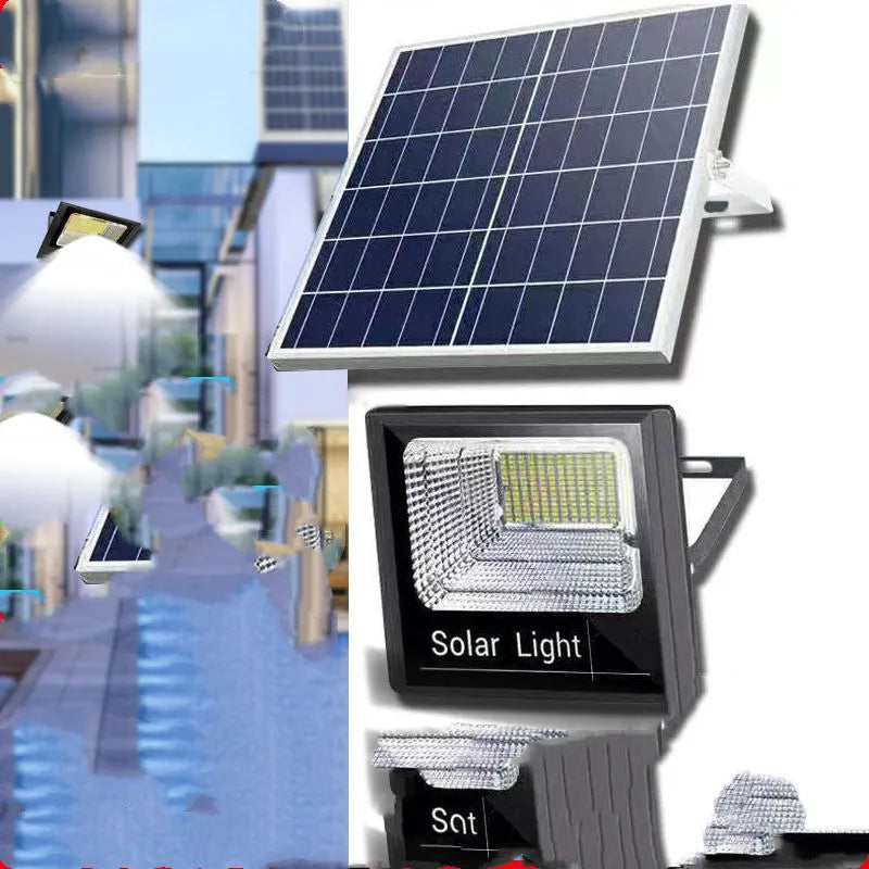 Black solar-powered LED flood light for outdoor and garden use with remote control.