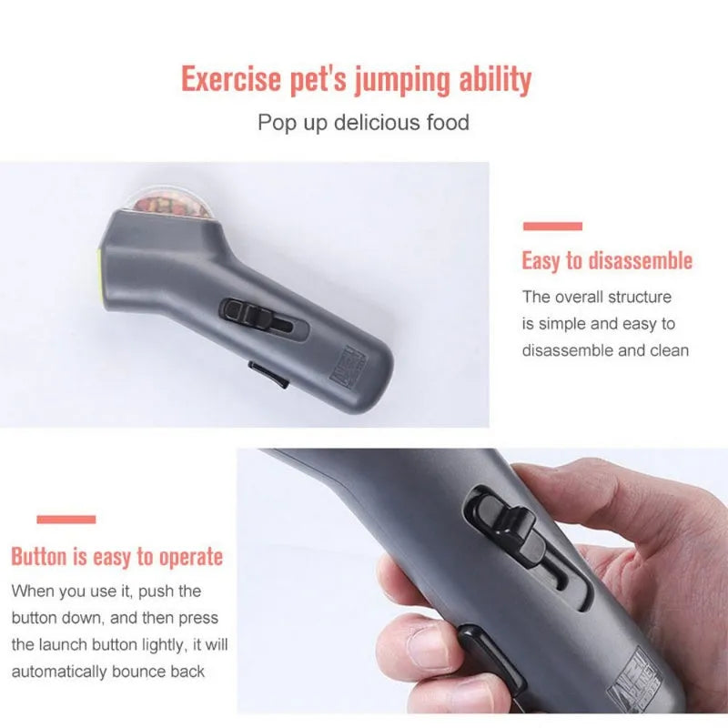 Grey pet snack catapult launcher measuring 18cm with spring trigger for dog and cat training