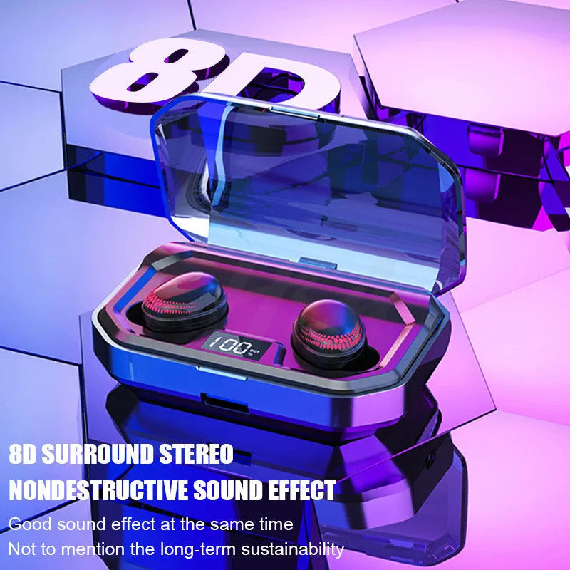 Black Bluetooth wireless headset with charging case showing earpieces stored in compact case