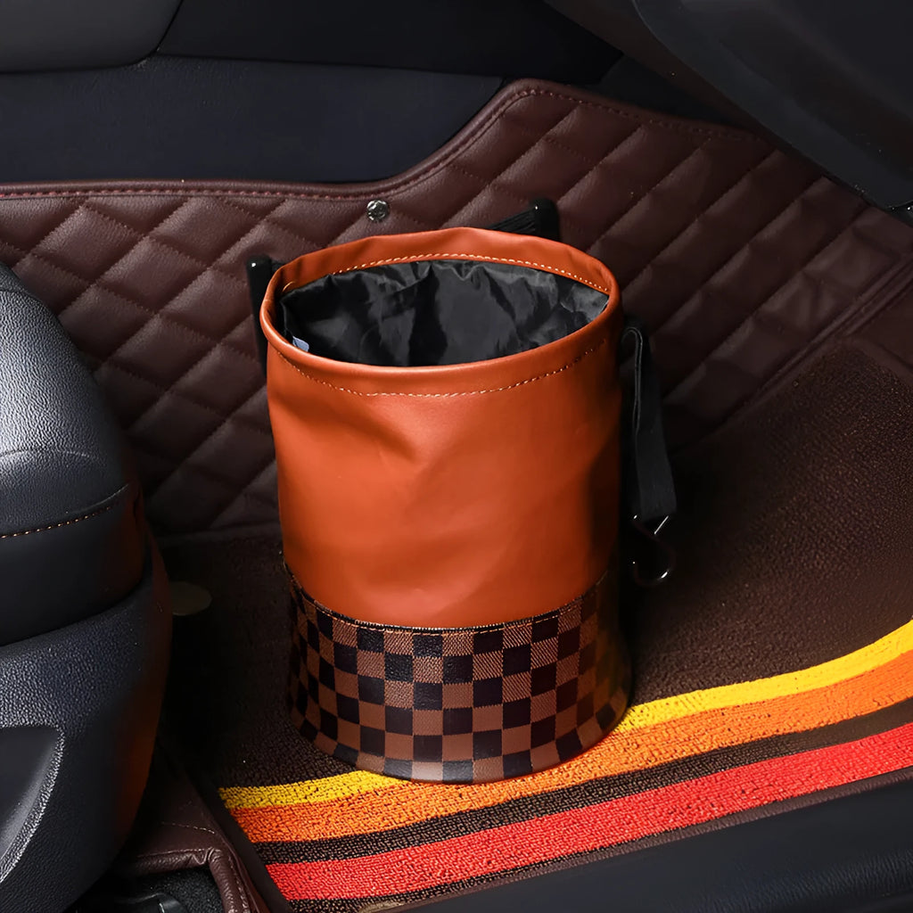 Black leather car trash can with handle showing folded and expanded positions for vehicle waste management