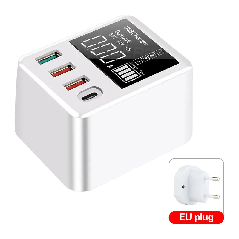 White 4-port travel charging head with LED display and UK plug for multiple device charging