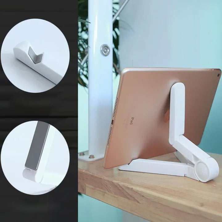 Black foldable aluminium tablet holder shown open and folded flat next to a smartphone