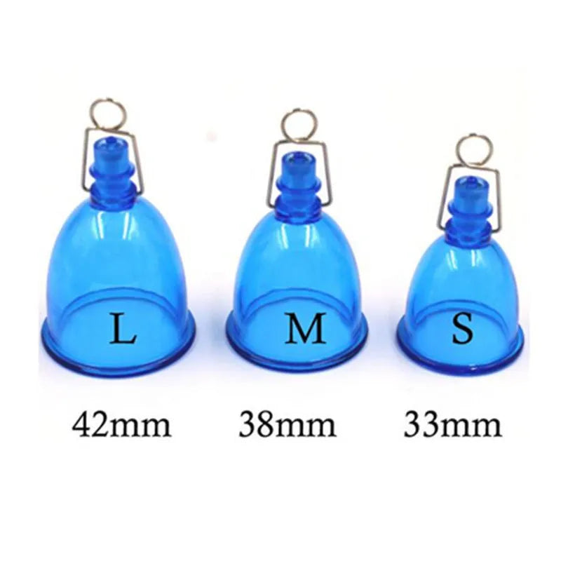 Blue silicone male masturbator cup for adult physical stretch exercises in small, medium, and large sizes