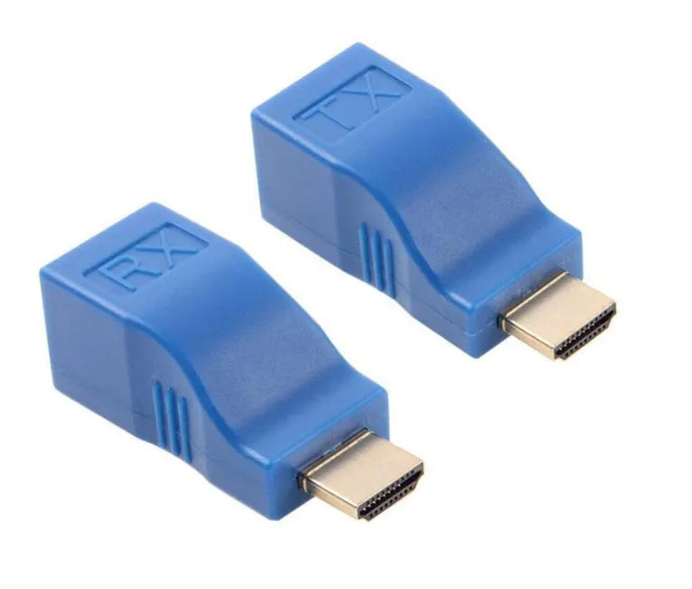HDMI extender transmitter and receiver unit pair for signal extension over network cable.