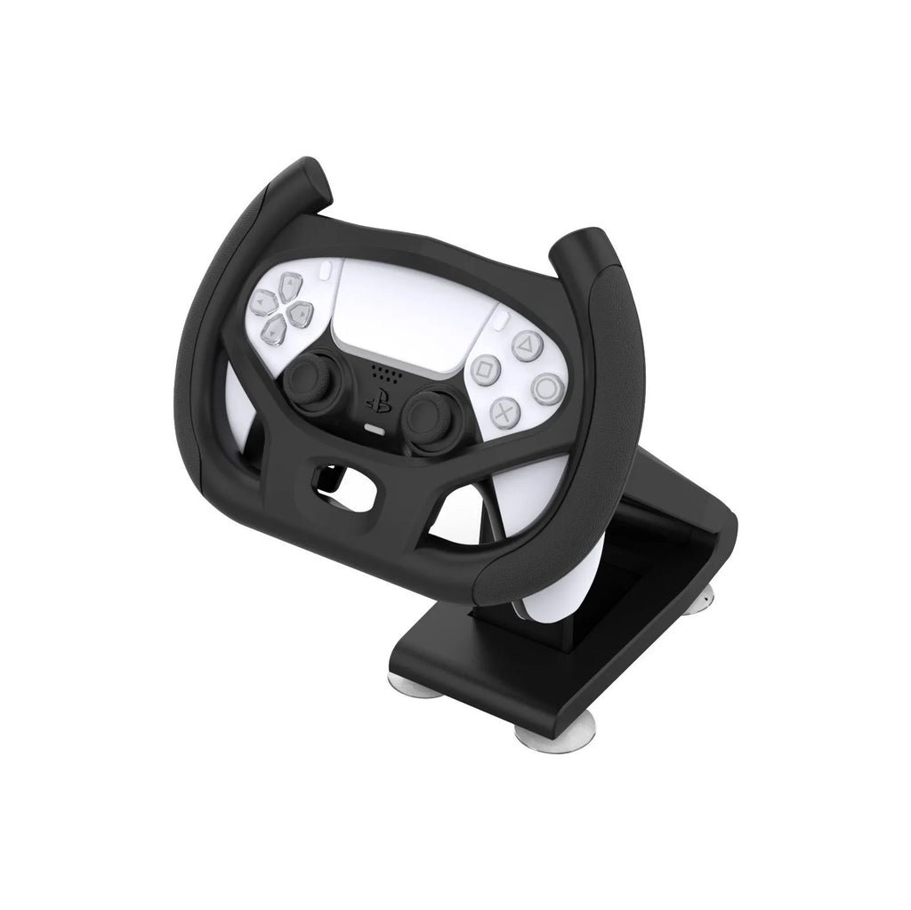 Black gamepad steering wheel bracket with suction cup mount for PlayStation and Xbox controllers