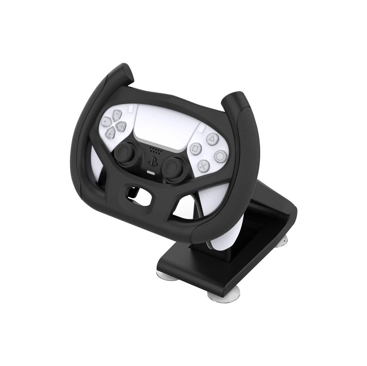 Black gamepad steering wheel bracket with suction cup mount for PlayStation and Xbox controllers