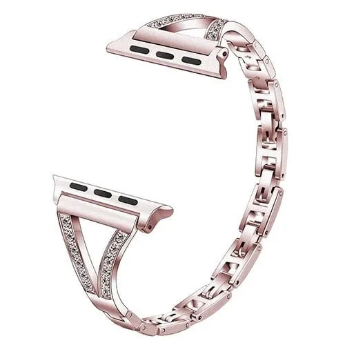 Stainless steel watch band with diamond studs in rose gold, shown detached from a watch.
