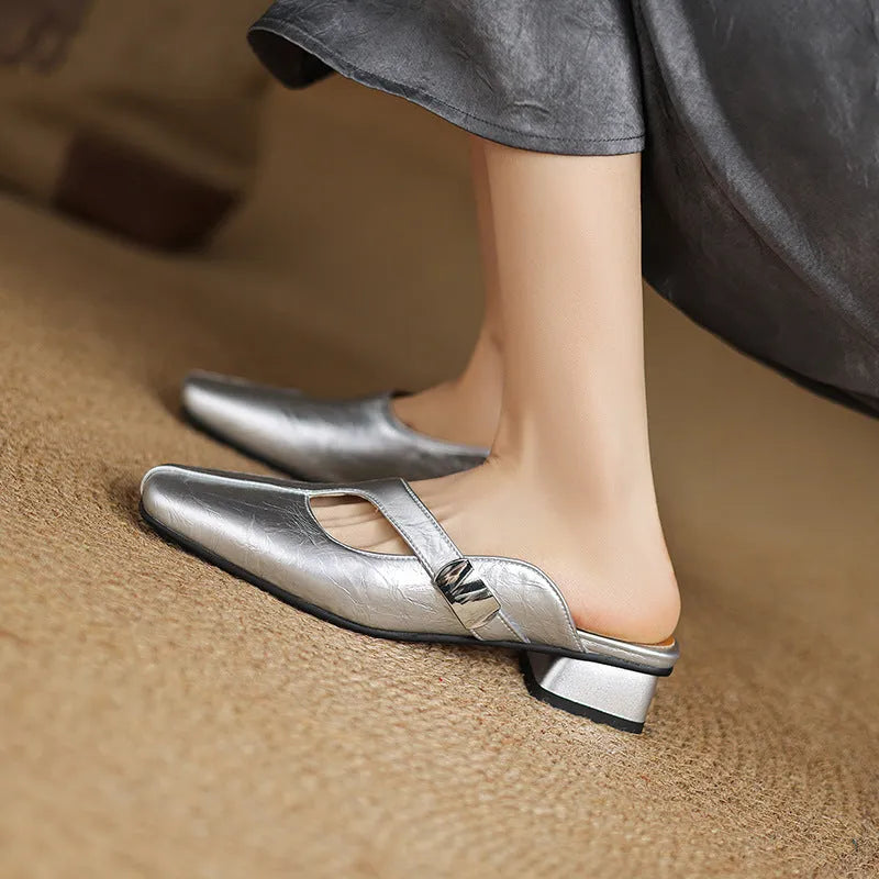 British style square toe outdoor slippers in artificial PU with rubber sole