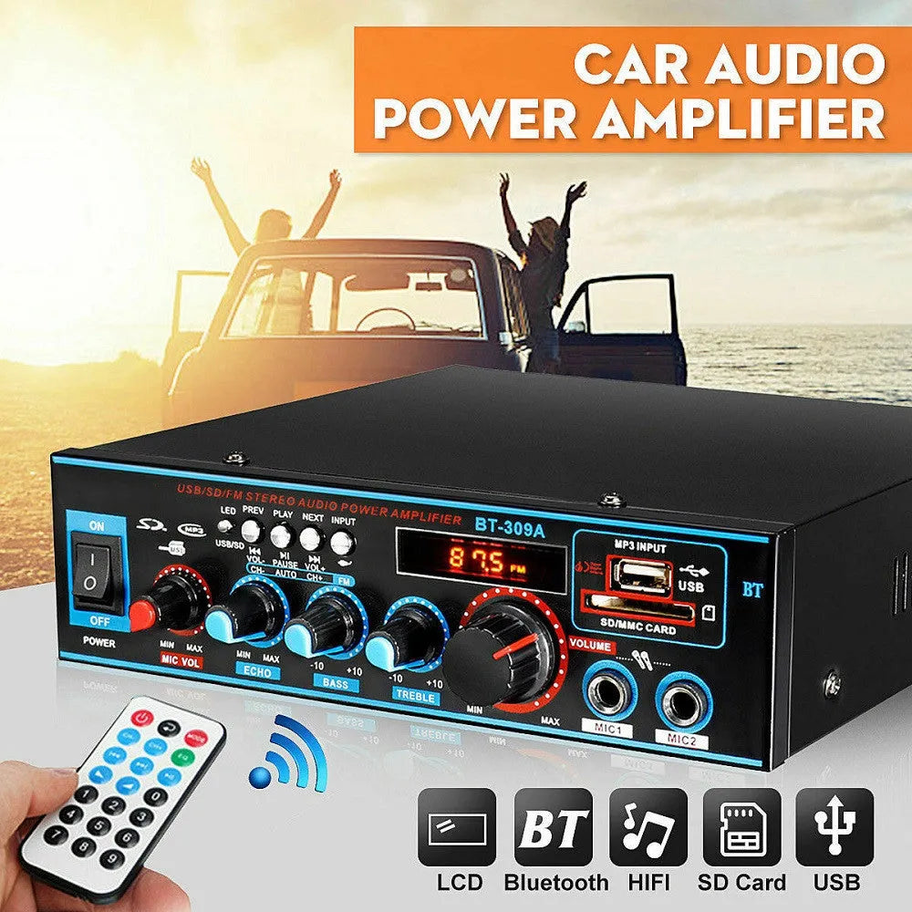 BT-309A-A black Bluetooth power amplifier with recording function and remote control on iron chassis