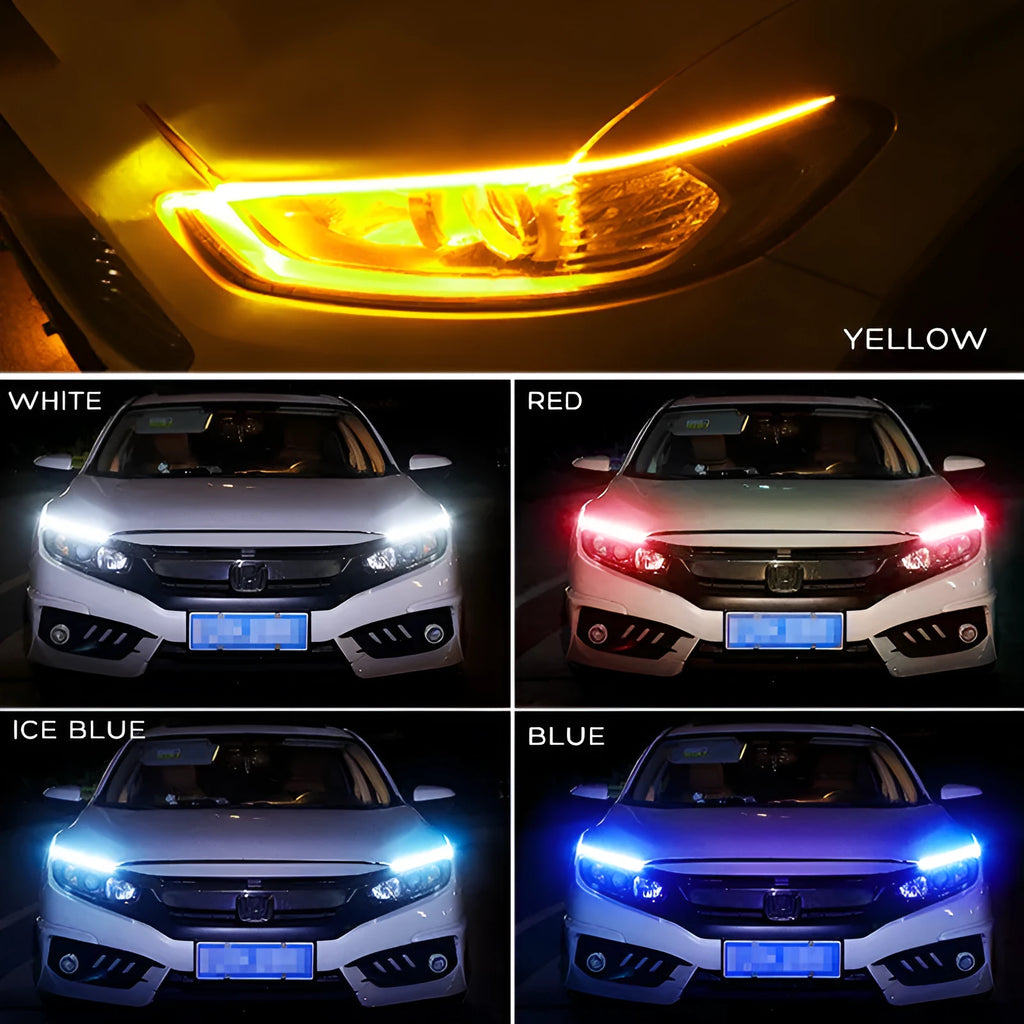 Flexible silicone car LED light strip showing daytime running light and flowing turn signal function in blue to yellow.