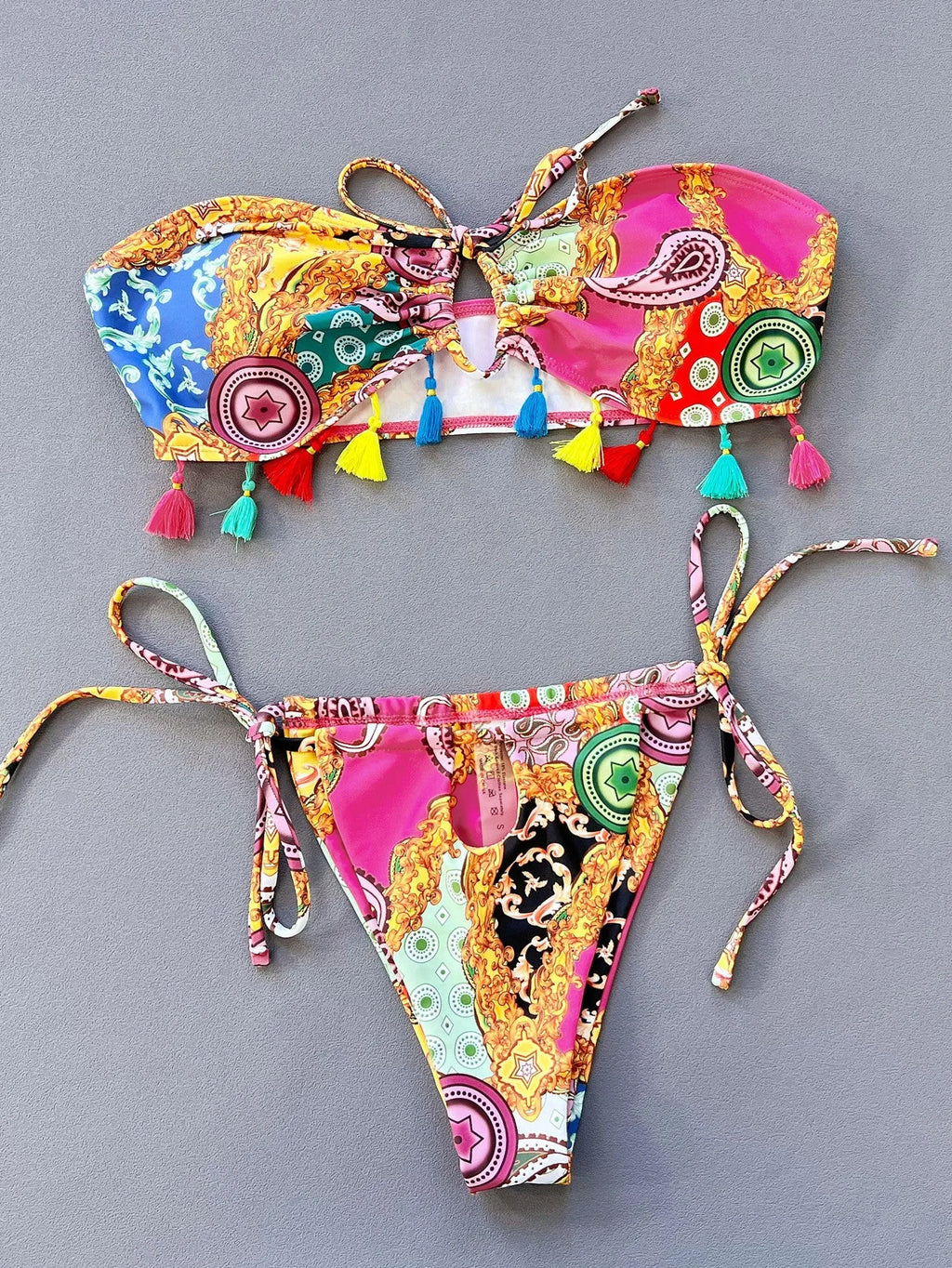 Women's separated printed swimwear bikini set with tube top and matching briefs