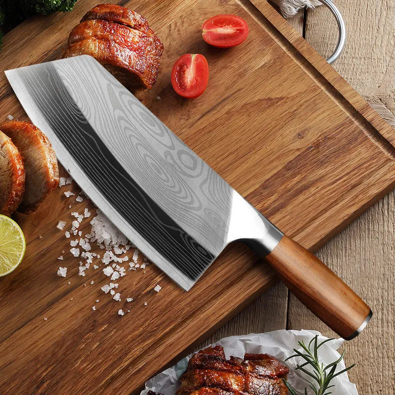 Stainless steel kitchen knife with 320mm blade on a kitchen counter