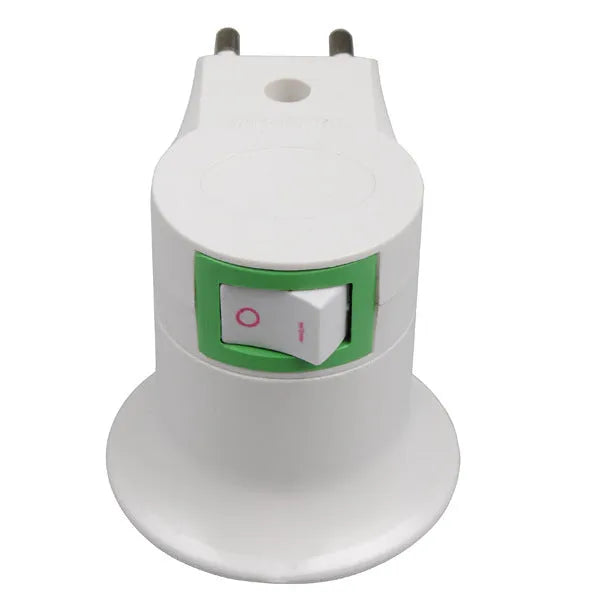 White E27 screw lamp holder adapter with a wall plug and a white rocker switch on the side
