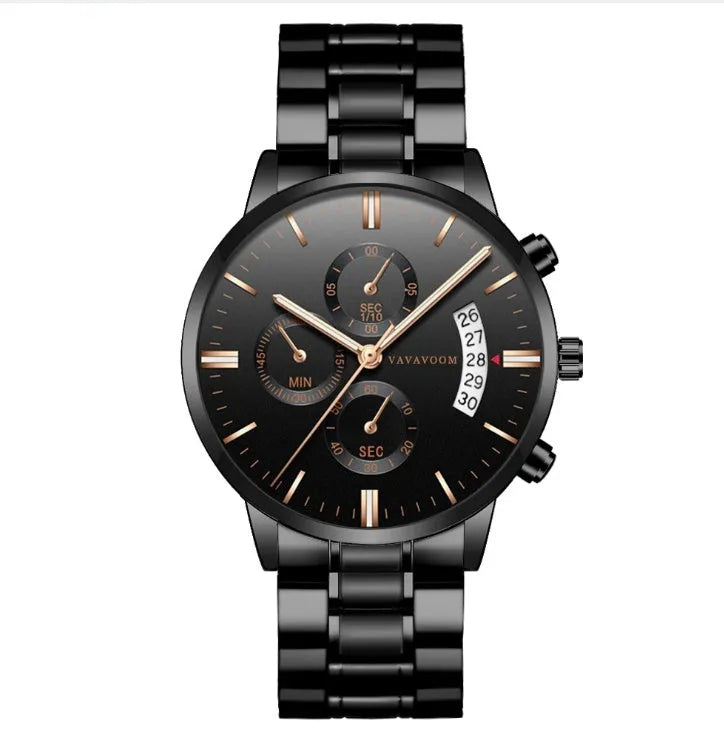 VA VA VOOM men's stainless steel watch with black dial and silver chain, showing round 43mm case and butterfly buckle.