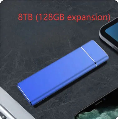 Sapphire Blue portable external hard drive with metal shell measuring 10.3cm with included data cable