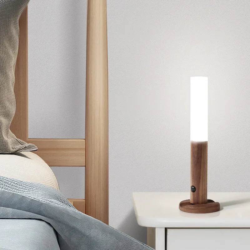 Smart sensor LED desk lamp with solid wood construction and motion detection