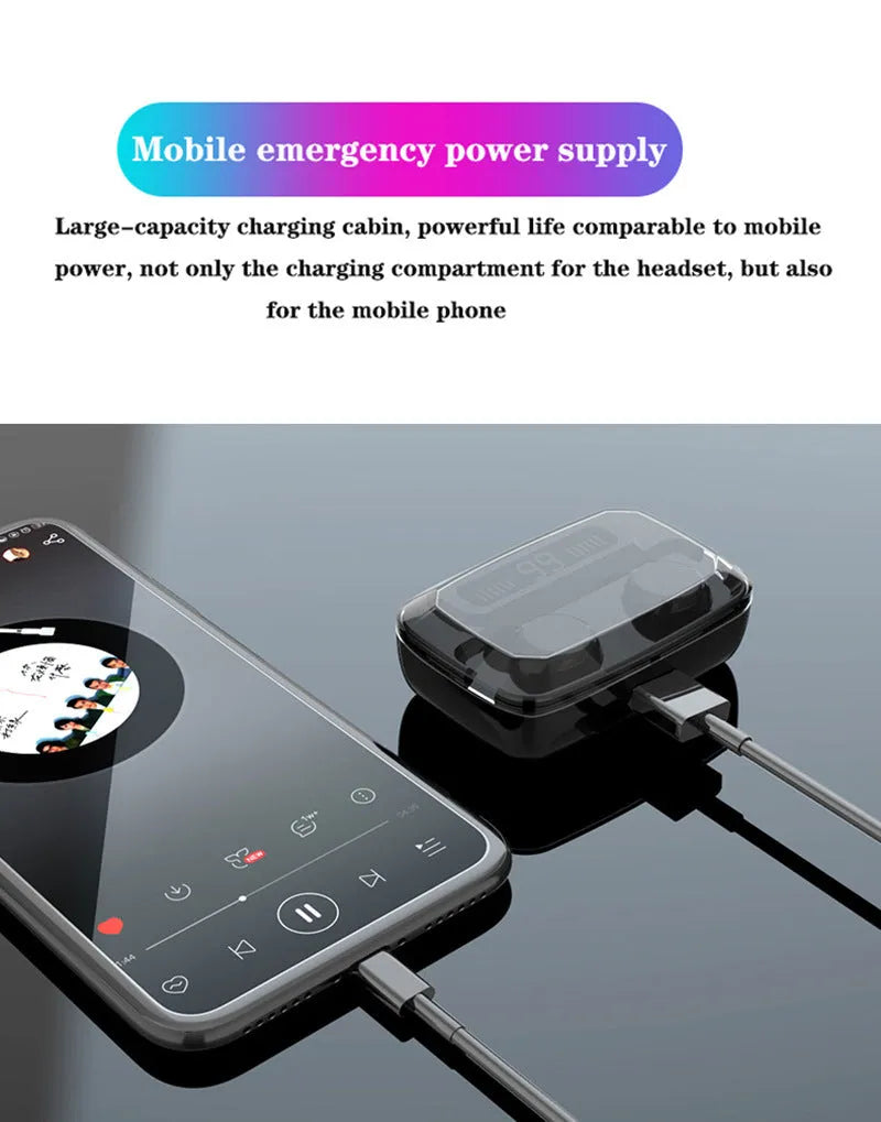 Black M11 style Bluetooth wireless earbuds with charging case showing digital display