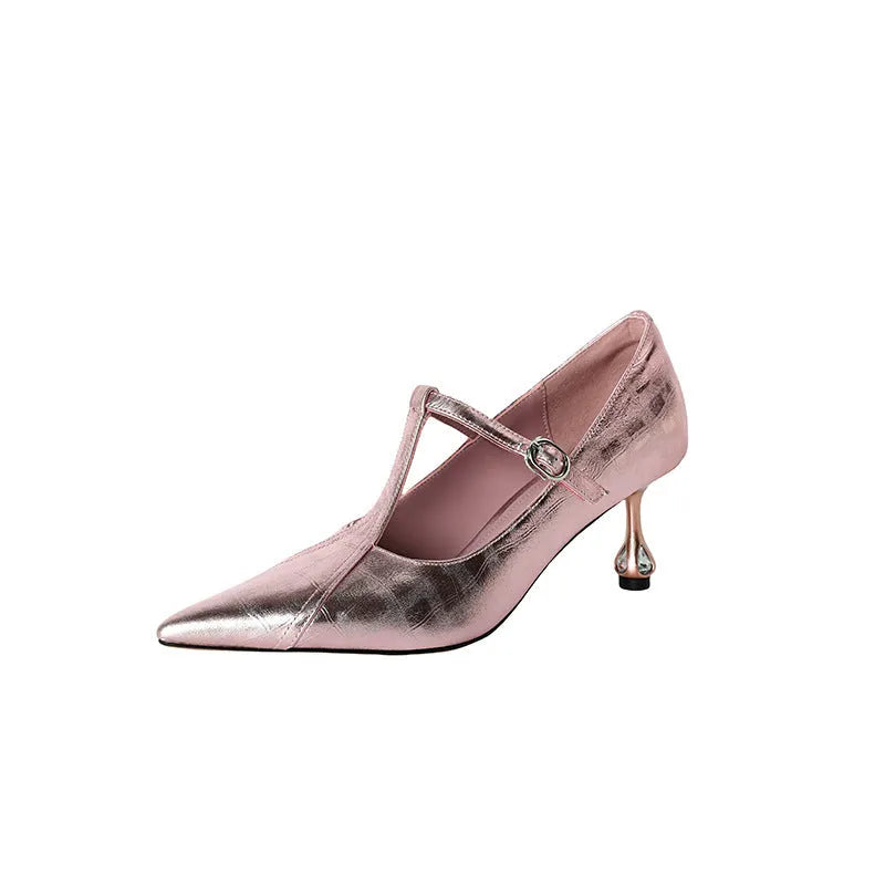 Women's gun colour Mary Jane high heel shoes with chunky mid heel and round pointed toe design