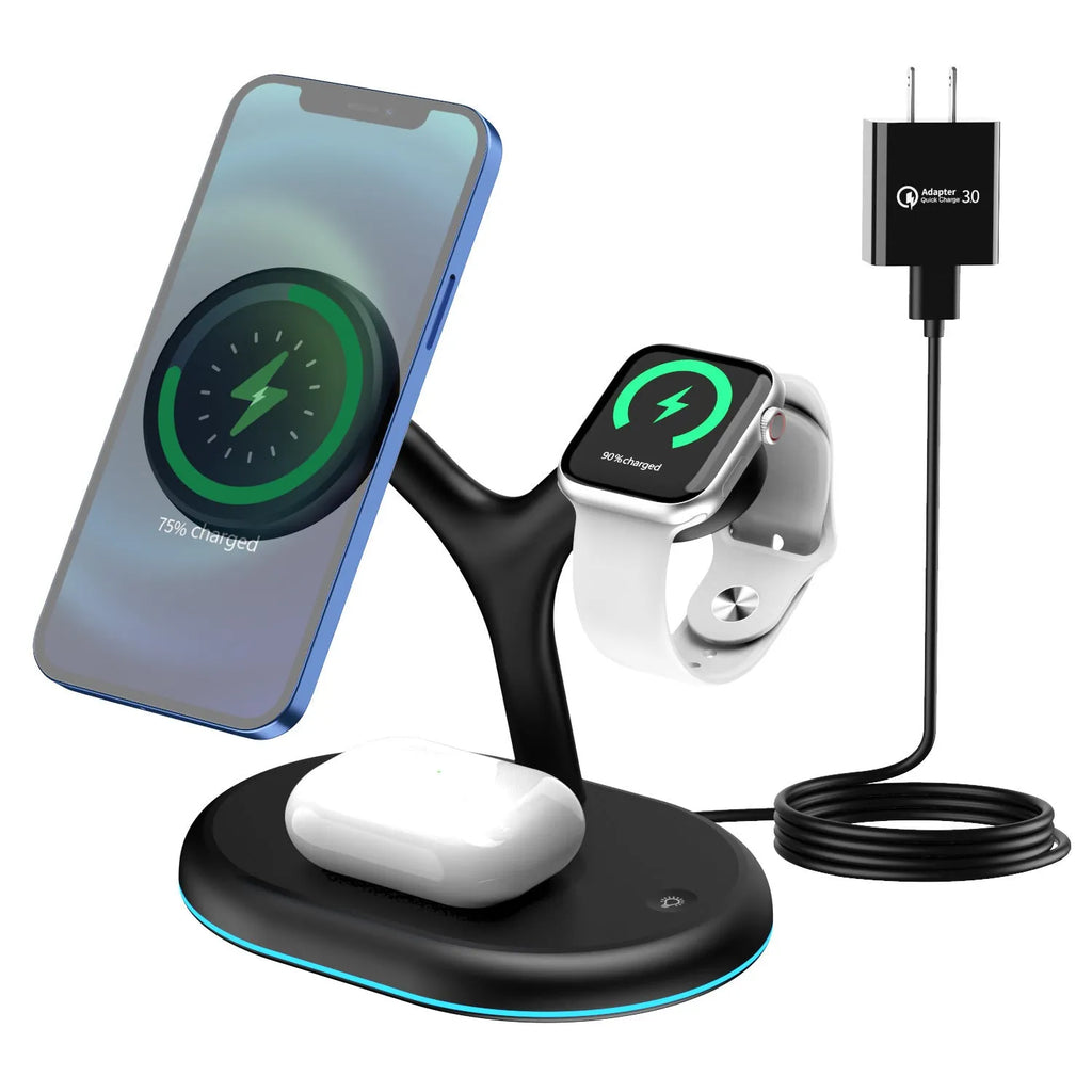 Black three-in-one magnetic wireless charger with ABS construction and wireless charging capability
