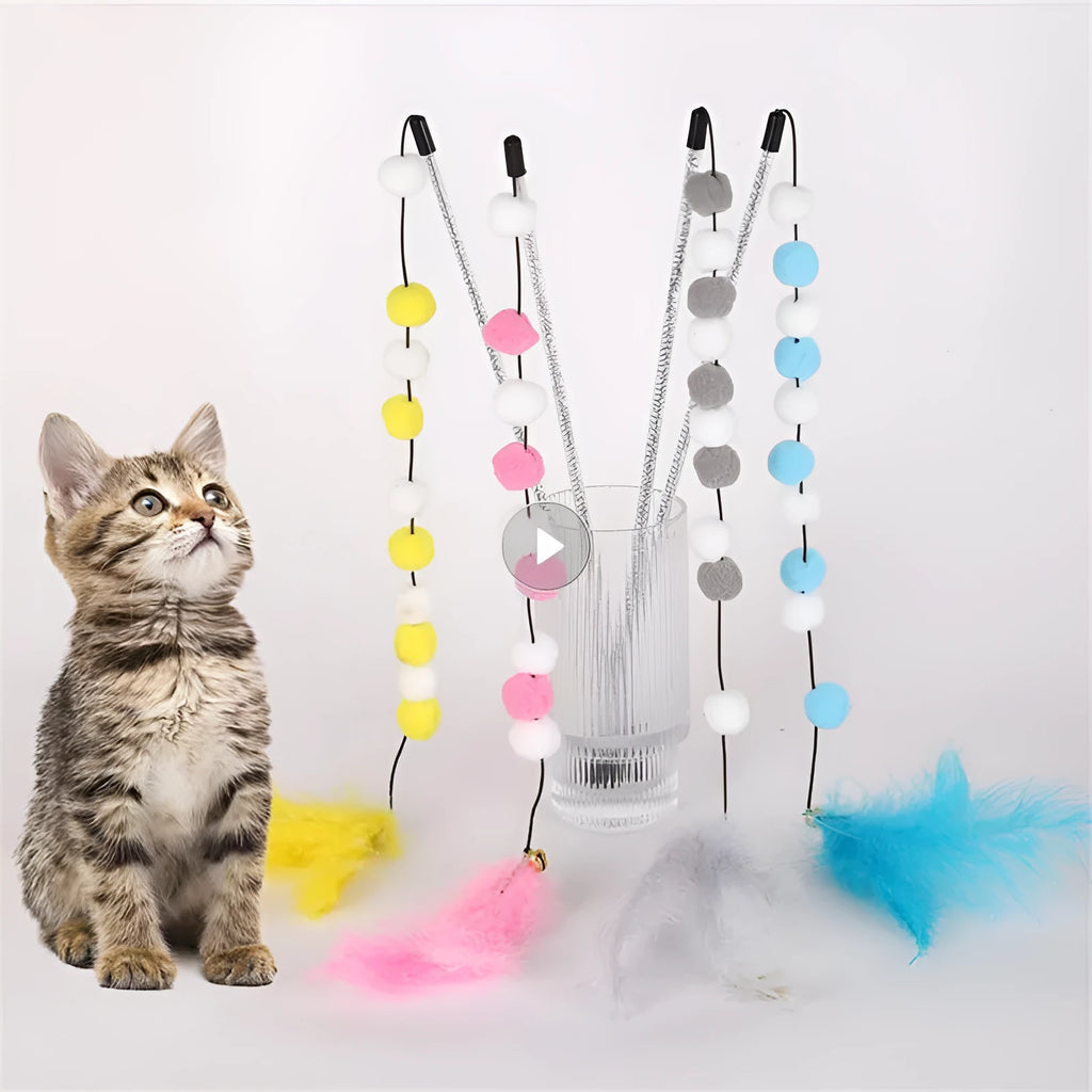 31cm long cat teaser stick with bell and contrast pompon feather toy in blue colour