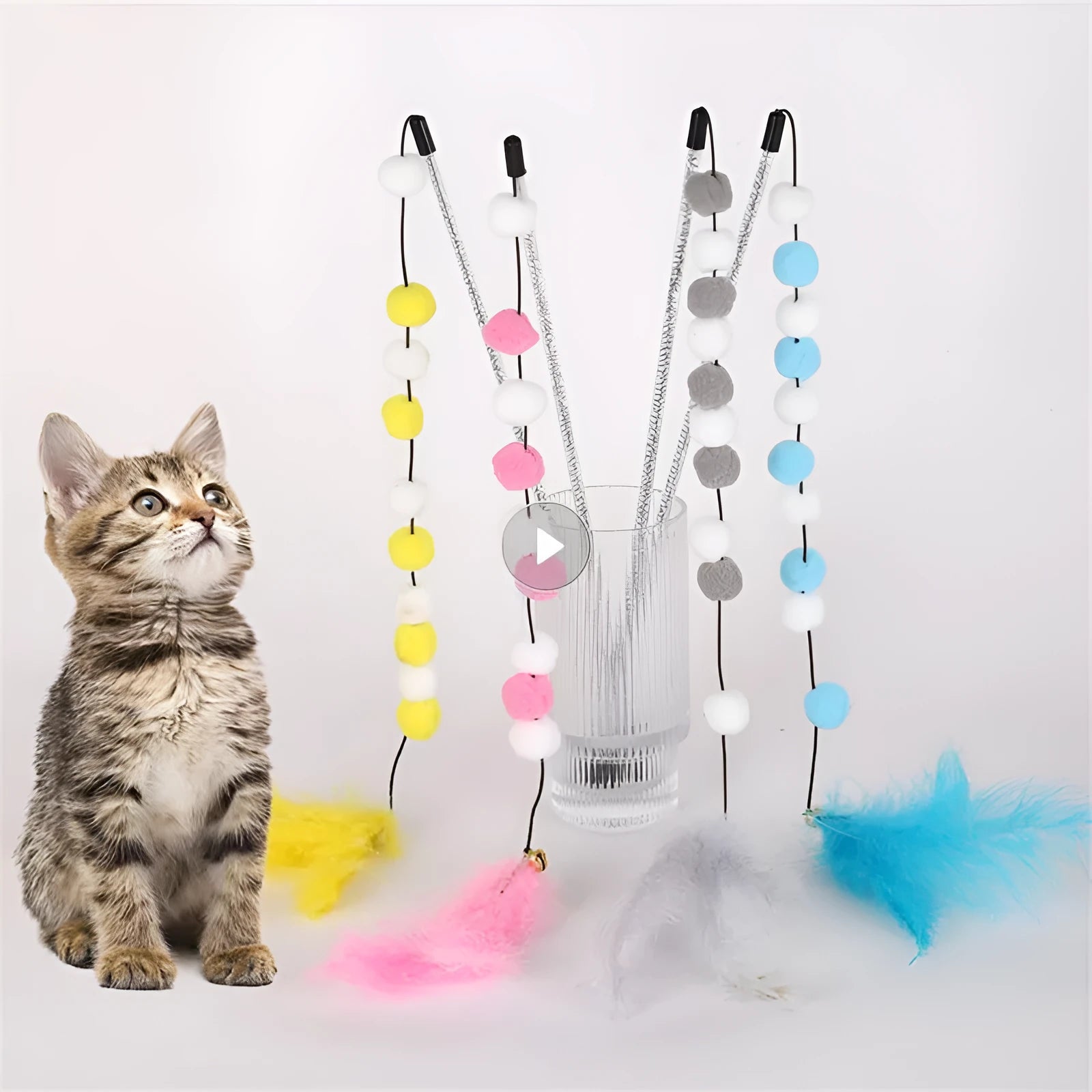 31cm long cat teaser stick with bell and contrast pompon feather toy in blue colour