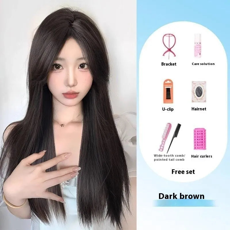 Forehead lace long straight full-head wig with side bangs in high temperature fibre material