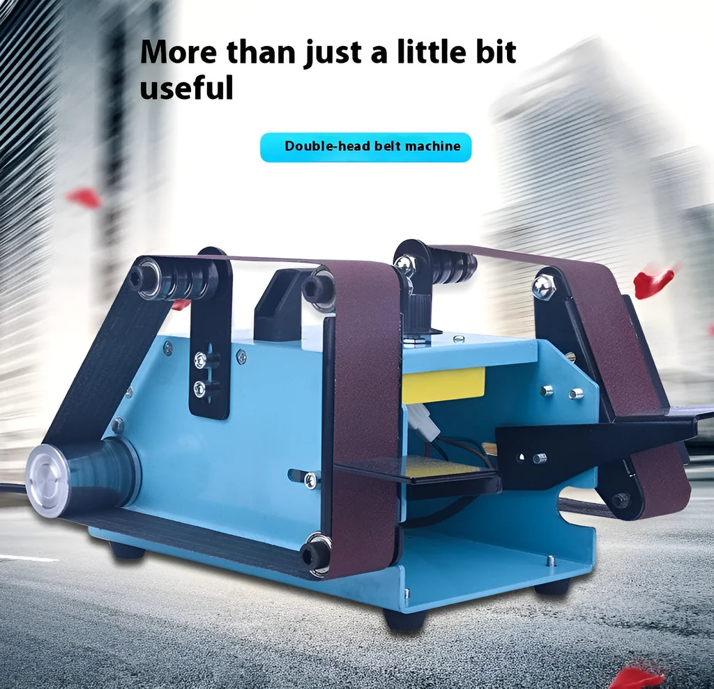 Blue desktop dual-axis belt sander with 750W motor and variable speed control for knife sharpening