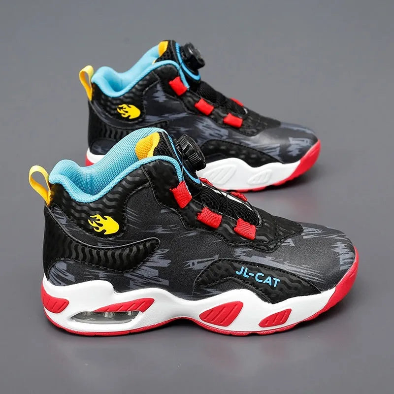Kids rotating button running shoes in synthetic leather with waterproof lightweight design available in multiple colours and sizes 28-40