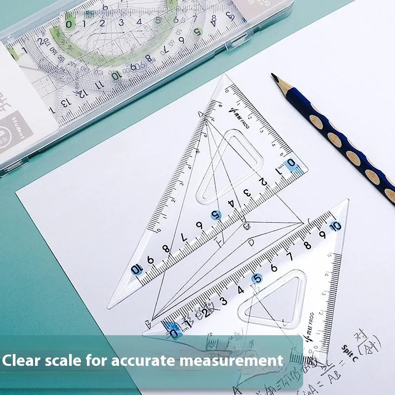 Youpai transparent acrylic drawing ruler set showing square, protractor, and straight edge rulers