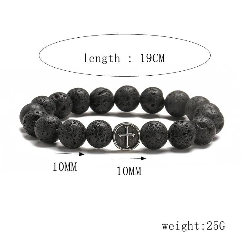 Volcanic rock agate bracelet with stainless steel geometric charm on adjustable cord.