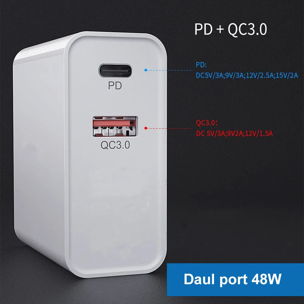 White and black multi-port USB fast wall charger with PD and QC 3.0 support on a table.