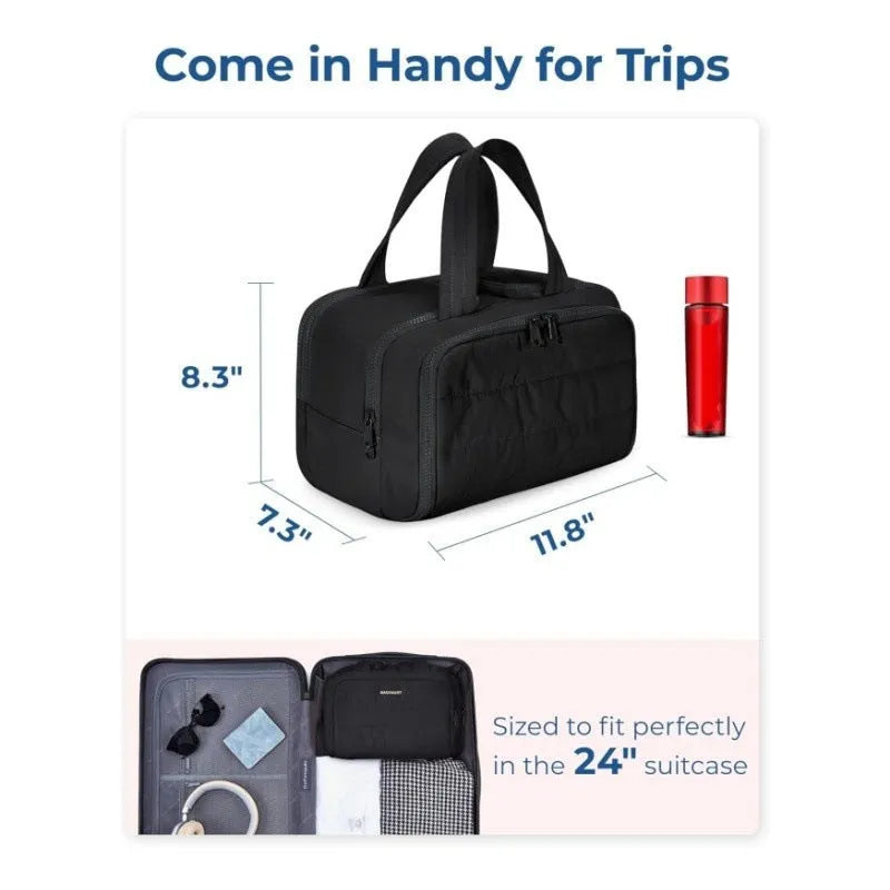 Large travel toiletry bag with wide opening showing interior organisation compartments