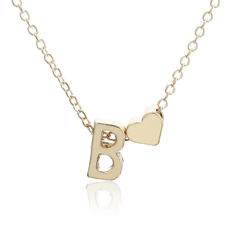 Peach heart shaped letter necklace pendant in gold or silver alloy, 5.5g, A to Z initial design