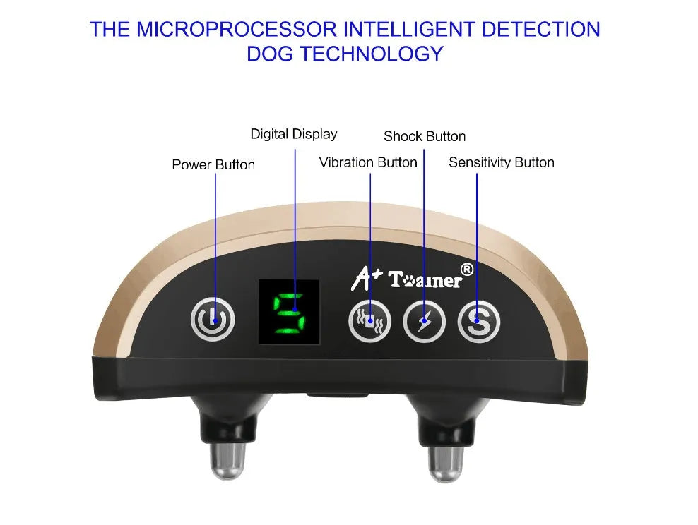 Digital display dog bark training collar with adjustable nylon strap in black, showing beep, vibration, and shock modes.