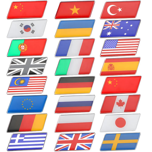 Aluminium national flag car sticker showing parallelogram shape and detailed flag design