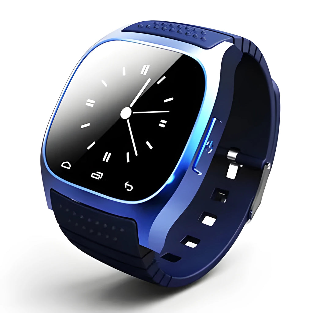 Black Bluetooth smart sports watch showing time and paired with a smartphone on a wrist.