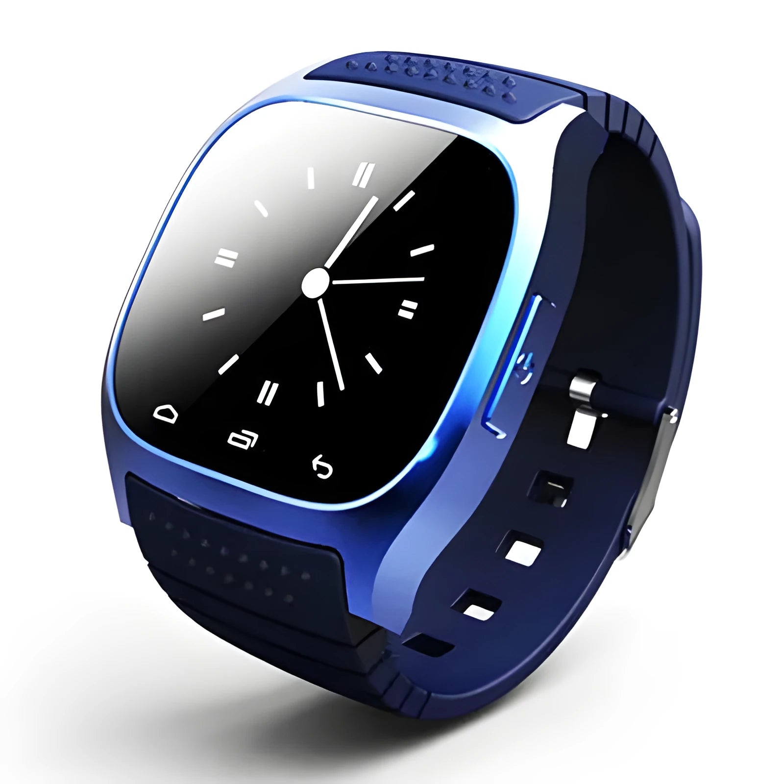 Black Bluetooth smart sports watch showing time and paired with a smartphone on a wrist.