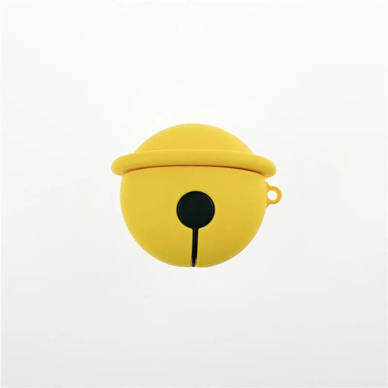 Yellow silicone protective case for AirPods 1 and 2 with an attached carrying strap.