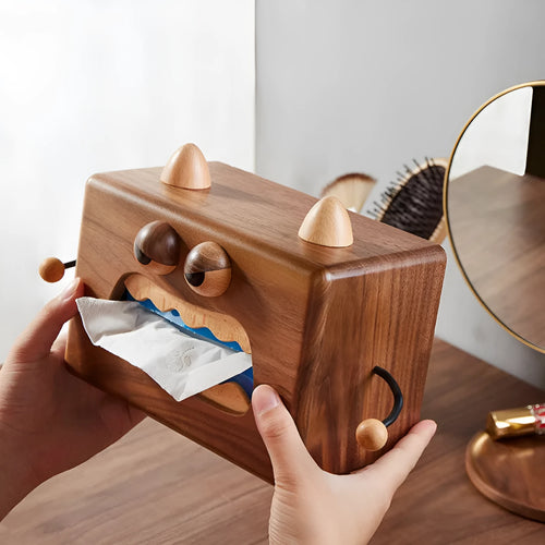 Cartoon monster design wooden tissue box in walnut beech finish measuring 190x104x125mm