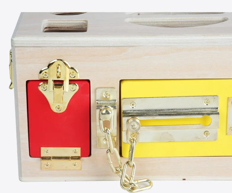 Wooden educational shape sorting box with 12 matching blocks for preschool children