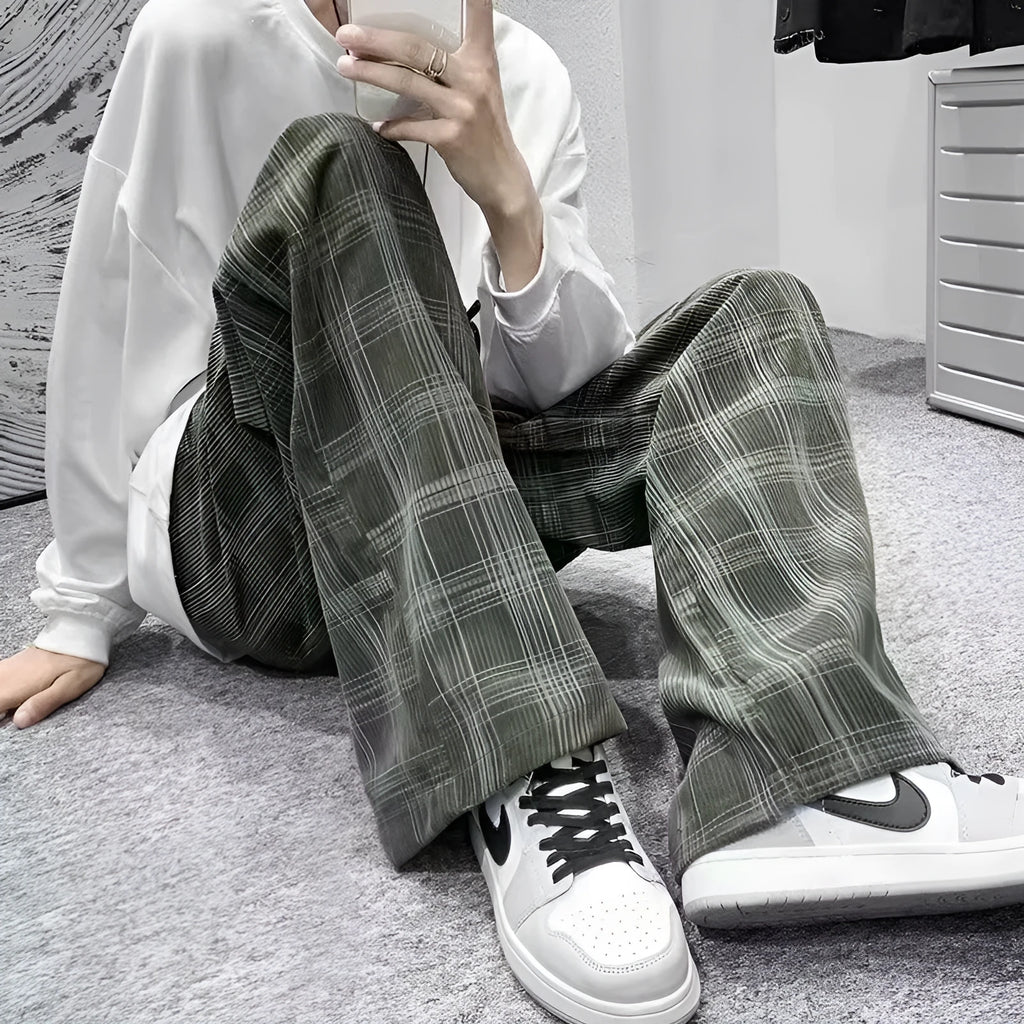Japanese retro loose plaid pants in straight leg cut, available in black and green colour options